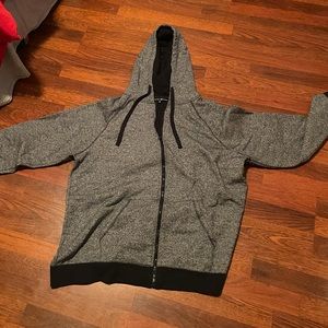 long sleeve gray hoodie jacket with zipper and pockets… pretty heavy and thick